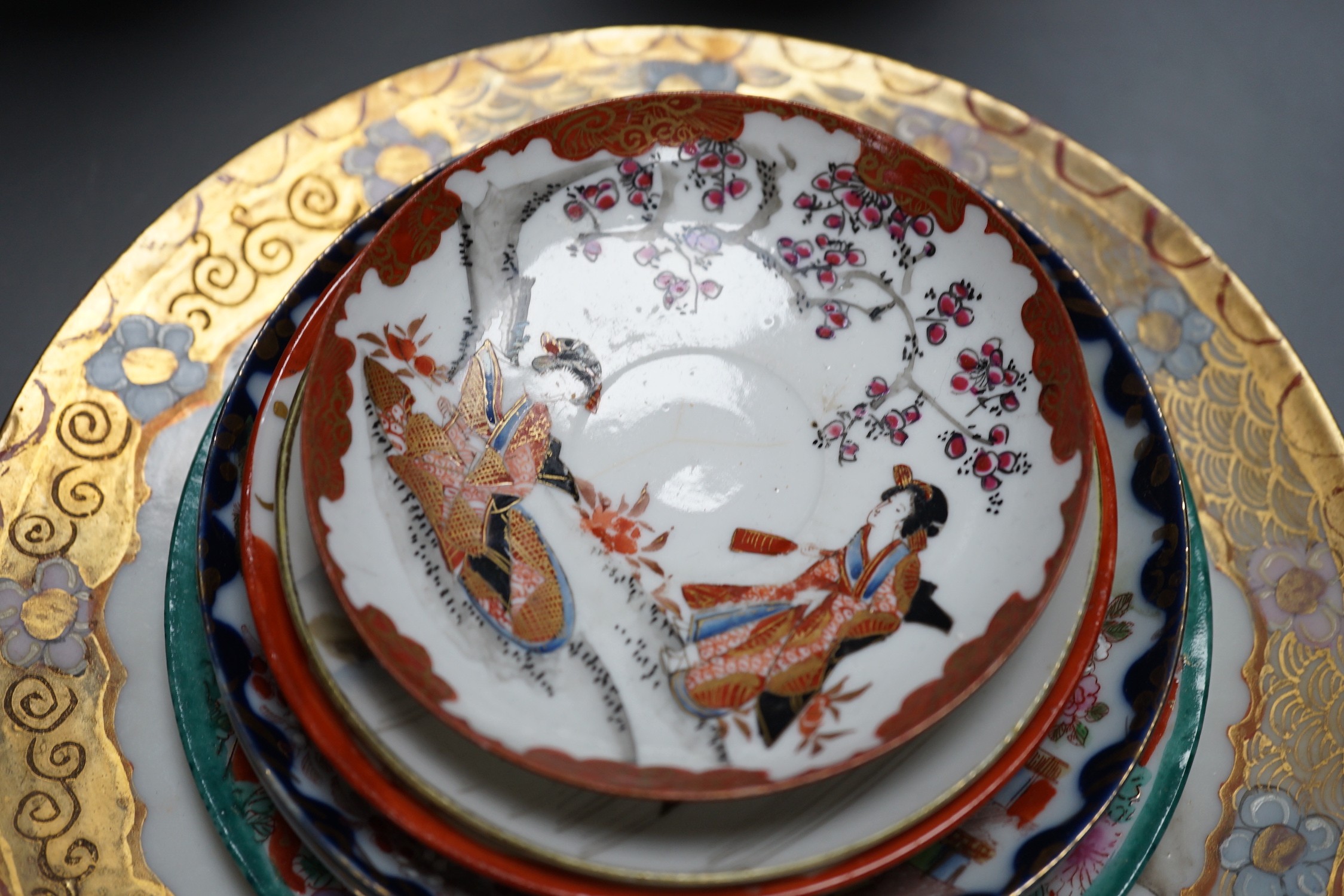 A mixed group of Japanese cloisonné enamel vases and porcelain vases and plates